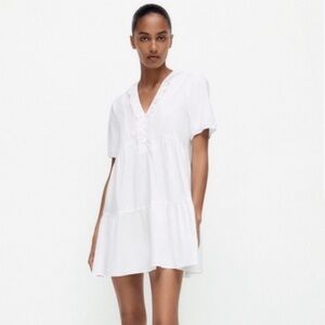 Zara Poplin Ruffled V Neck Tiered Mini Dress White Size M
